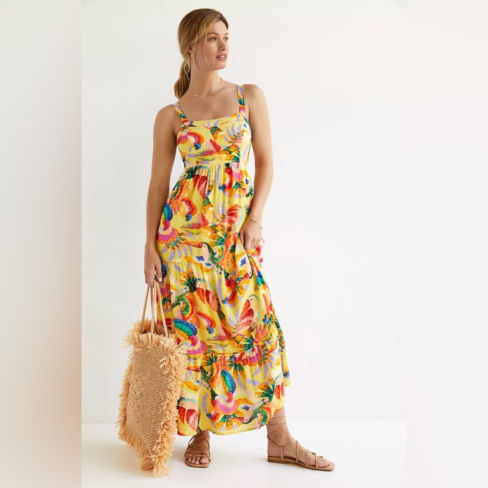 Farm Rio Anthropologie Textured Tropical Maxi Dress in Tropical Parrot S…
